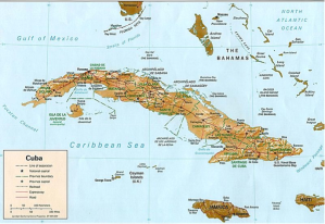 Map of Cuba.  Cuba is located 90 miles away from Florida.  It is the largest of the Caribbean nations, with a population of over 11.3 million.  Approximately 50 % of the population is below 54 years old.  After 50 years of trade embargos, the door to business opportunities in Cuba for US businesses appears poised to open.  Courtesy of http://en.wikipedia.org